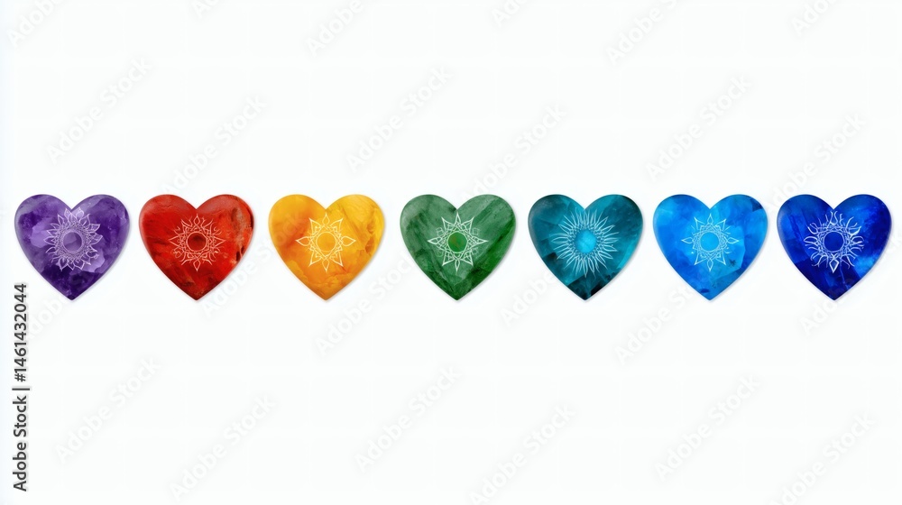 Chakra hearts in gemstone style row, Seven rainbow hearts with spiritual emblems, Ideal for yoga, meditation or wellness design
