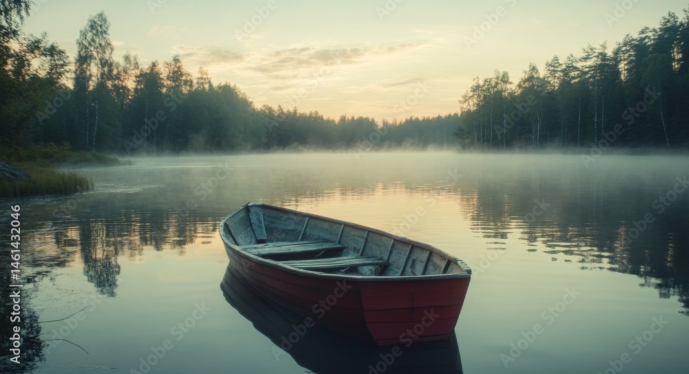 A tranquil scene of Misty Lake at dawn features a rowboat, fog, and calm water, surrounded by trees and nature, with a perfect reflection A tranquil scene of Misty Lake at dawn features a rowboat, fog, and calm water, surrounded by trees and nature, with a perfect reflection