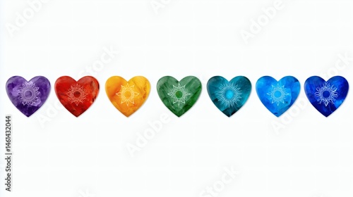 Obraz na płótnie Chakra hearts in gemstone style row, Seven rainbow hearts with spiritual emblems, Ideal for yoga, meditation or wellness design w salonie