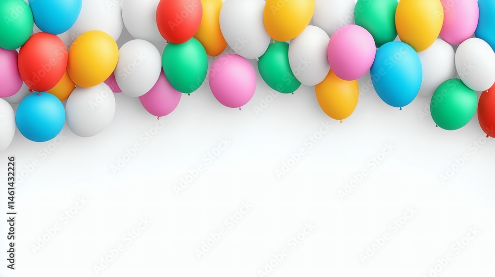 Colorful balloons on clean white background, Festive frame with multicolor party balloons, Celebration layout for birthday or event design