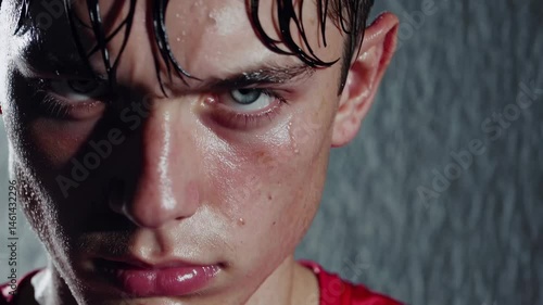 Intense focused athlete with wet hair gazing with determination in closeup portrait