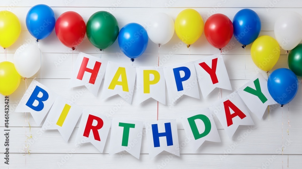 Colorful birthday balloons with hanging sign, Bright multicolor decor against white wood, Festive greeting banner for party invites