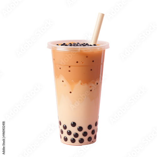 A bubble tea (boba) drink with black tapioca pearls, wide straw, and gradient milk tea layers, isolated on white background.