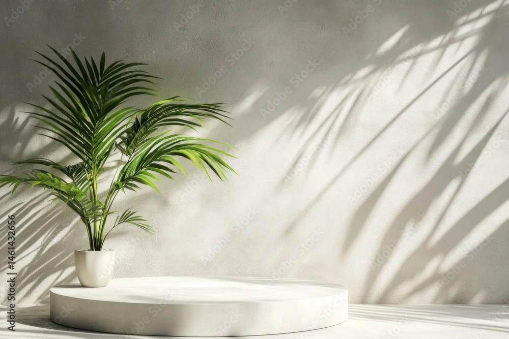 Present green plant on minimal scene with sunlight shining and shadows Present green plant on minimal scene with sunlight shining and shadows