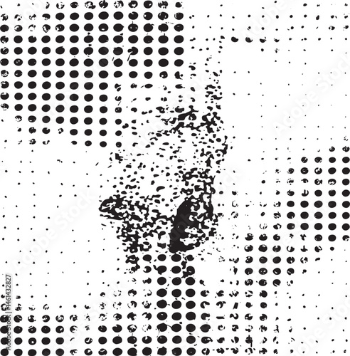 A grayscale animal silhouette emerges from a repeating dot