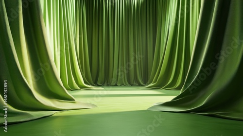 Green curtains in a room.