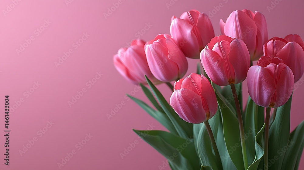 Pink tulips and a gift box on a pastel pink background, a Mother's Day concept banner with copy space for text. Pink tulips and a gift box on a pastel pink background, a Mother's Day concept banner with copy space for text.
