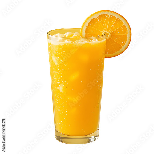 A fresh orange juice in a transparent glass with pulp texture and orange slice garnish, isolated on white background.