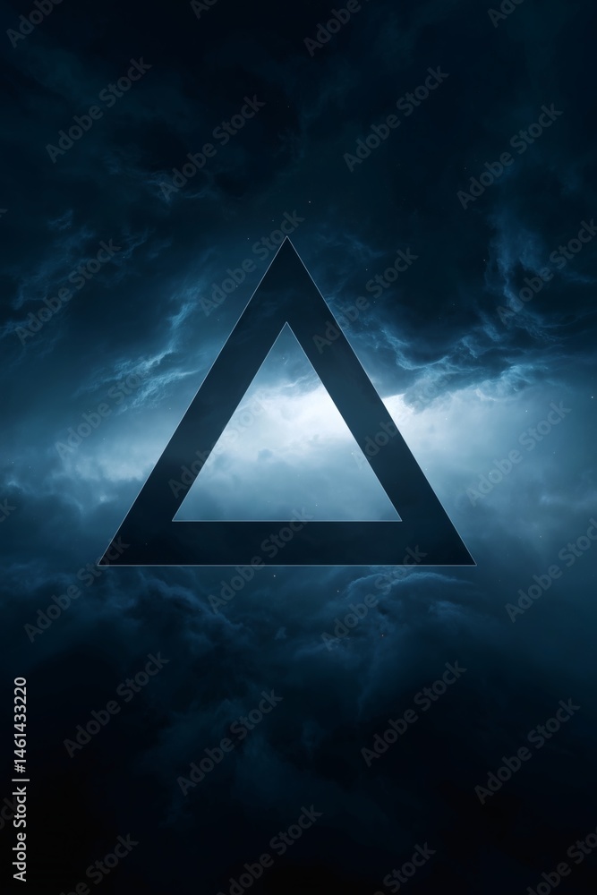 Glowing triangle in cloudy sky, Surreal triangle shape in space clouds, Concept image for mystery or metaphysical ideas