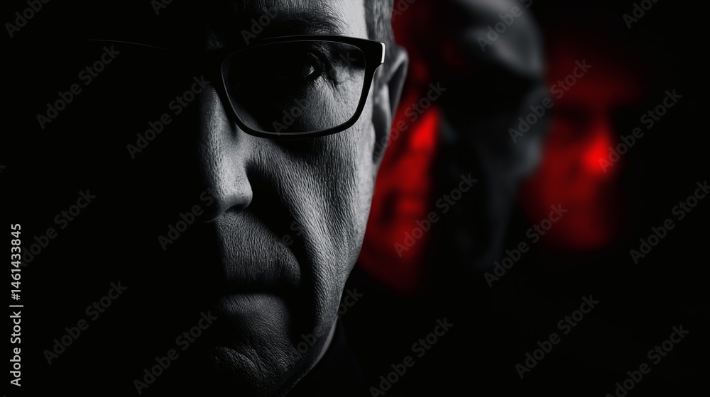 Man with glasses in dramatic light, Mysterious red figures in background, Concept image for secrecy, mystery or noir themes