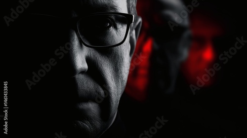 Obraz na płótnie Man with glasses in dramatic light, Mysterious red figures in background, Concept image for secrecy, mystery or noir themes w salonie