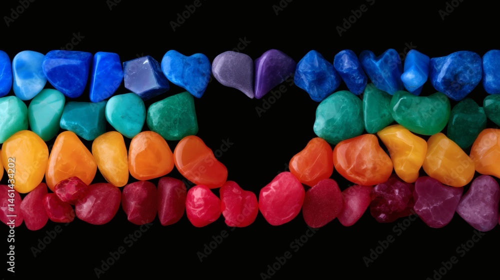 Rainbow gemstone heart collection layout, Polished crystal stones arranged in rows, Useful for wellness, healing or crystal visuals