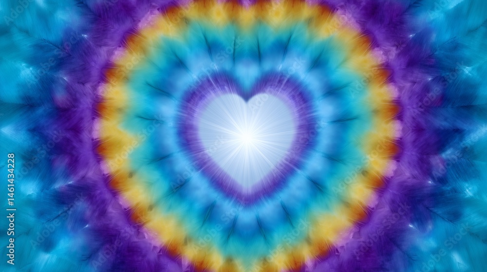 Radiant heart with colorful tie-dye effect, Bright vibrant heartburst pattern, Abstract design for love, peace, or spiritual concepts