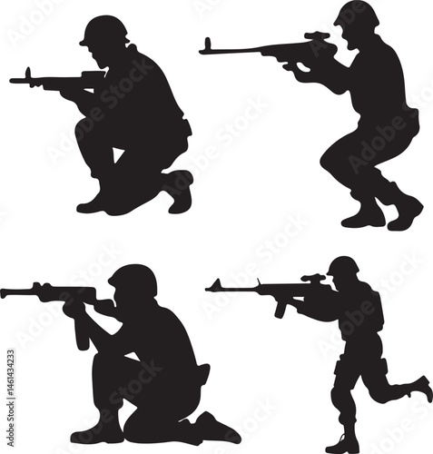 Soldiers in various shooting stances silhouette, black and white silhouette, vector and illustration