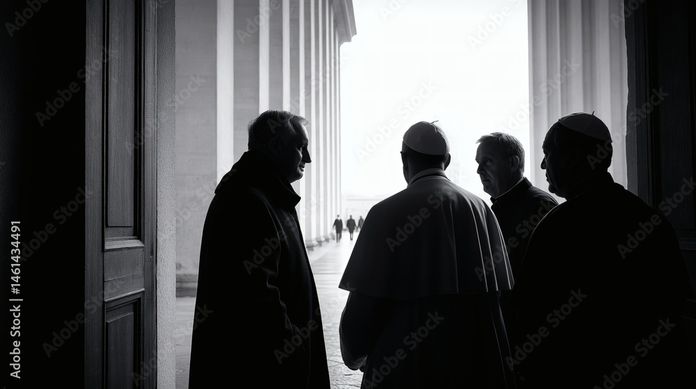 Religious figures in dramatic light, Priests and pope in architectural setting, Ideal for editorial or religious discussions