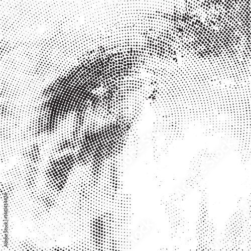 A close-up showcases a detailed eye rendered in a pointillist style.