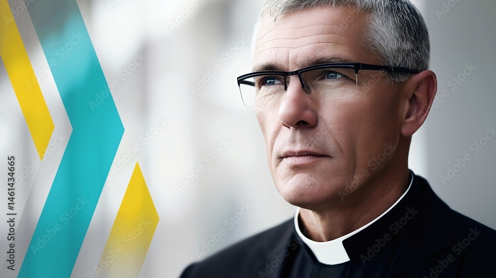 Serious priest in glasses looking away, Senior clergy portrait with modern overlay, Concept for leadership, wisdom, or religion