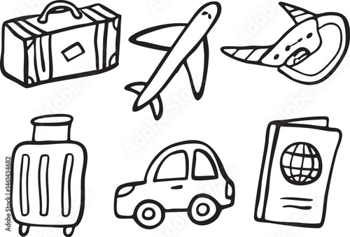A collection of travel representing a suitcase airplane car and passport.