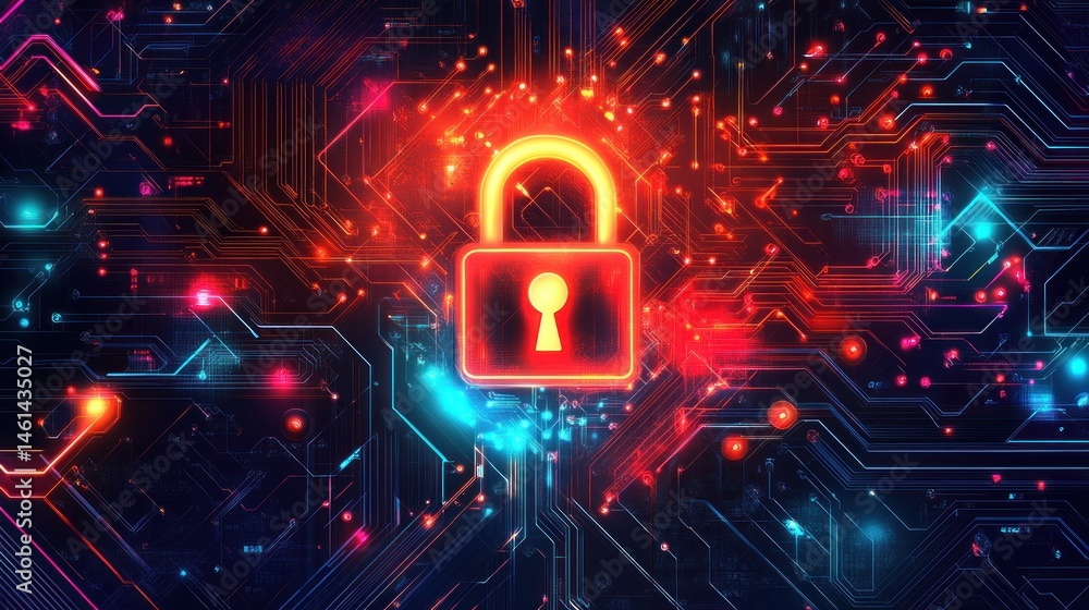 Obraz premium Cybersecurity lock on circuit board. Digital security concept