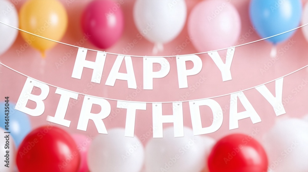 White happy birthday banner on pink background, Colorful balloons for festive celebration, Soft and cute party decor scene