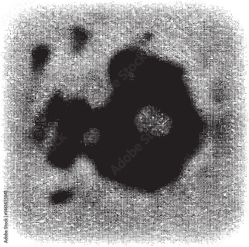 A dark textured abstract shape dominates a grainy grayscale background.