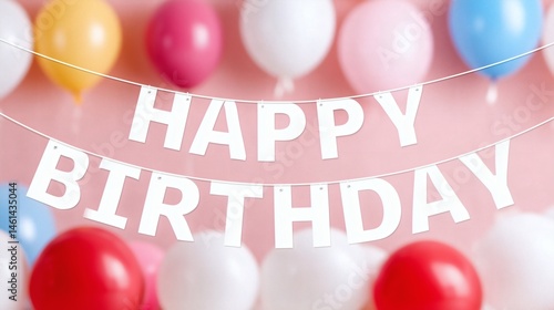 Obraz na płótnie White happy birthday banner on pink background, Colorful balloons for festive celebration, Soft and cute party decor scene w salonie