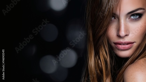 Obraz na płótnie Woman with glowing skin and dark background, Seductive beauty shot with bokeh lights, Ideal for fashion or makeup advertising w salonie
