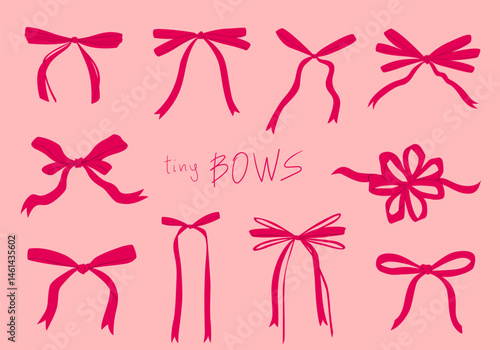 Tiny satin ribbon bows collection. Delicate hand drawn decorations. Vector flat cartoon illustration isolated objects.