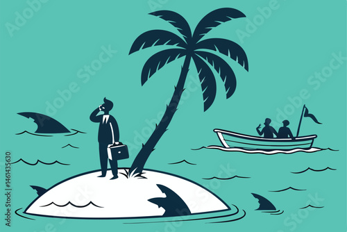 78 minimalist illustration, businessman stranded on tiny island with palm tree, rescue team in boat, shark fins in water, teal background, silhouette style, contrast, metaphor for business challenges,