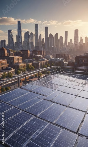 Wallpaper Mural Solar panel array on a rooftop overlooking a cityscape, with prominent landmarks visible , cityscape, technology Torontodigital.ca
