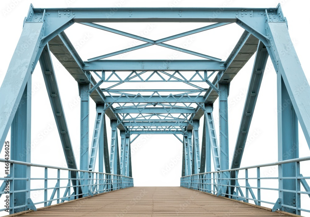Fototapeta premium Steel bridge structure with wooden planks and blue painted metal framework