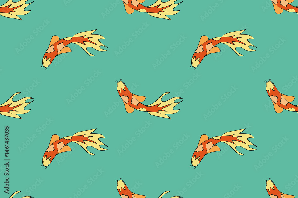 Seamless pattern with colorful Koi fish on a blue background. Summer sea background.