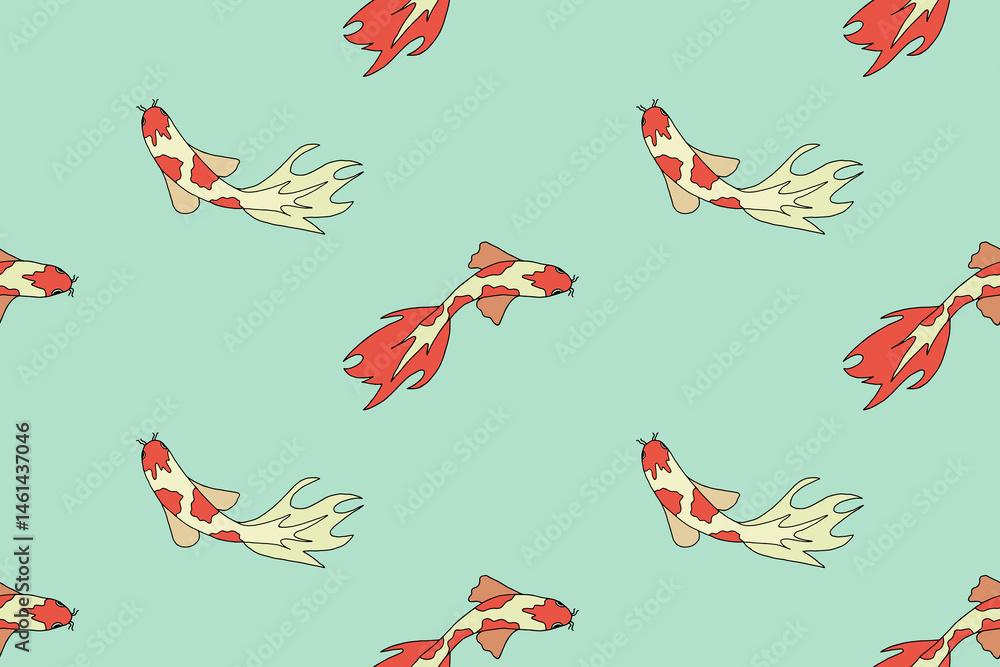 Seamless pattern with colorful Koi fish on a blue background. Summer sea background.