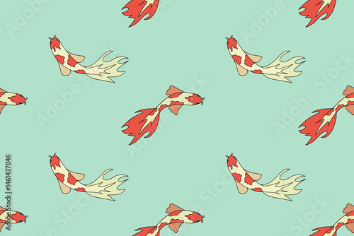 Obraz na płótnie Seamless pattern with colorful Koi fish on a blue background. Summer sea background. w salonie