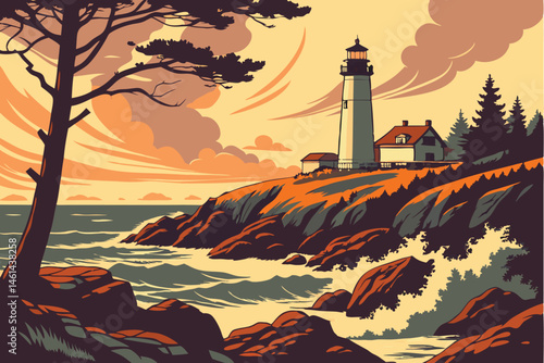 79 Lighthouse at sunset, rocky coastline, crashing waves, vibrant sky, dramatic clouds, sun on horizon, silhouetted trees, realistic digital painting, cinematic lighting, detailed seascape, warm color