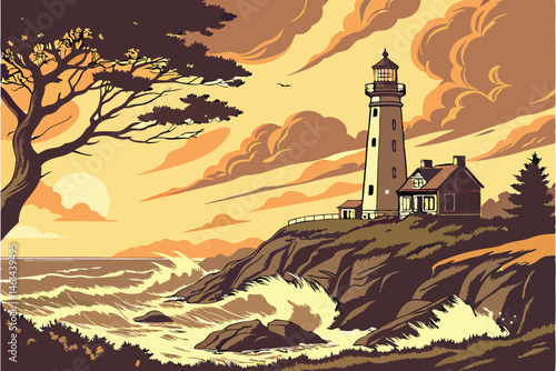 79 Lighthouse at sunset, rocky coastline, crashing waves, vibrant sky, dramatic clouds, sun on horizon, silhouetted trees, realistic digital painting, cinematic lighting, detailed seascape, warm color