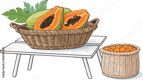 Papaya in basket with papaya slice on table in white background, Papaya Illustration vector design