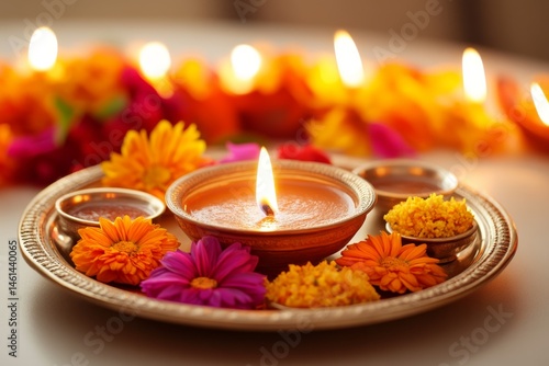 Illuminated Diya with Flowers Candles and Festive Decor for Diwali