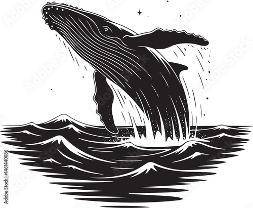 Whale Breaching Above Ocean with Splash – Black and White Silhouette Vector