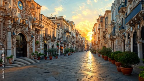 Sunny European city street at dawn