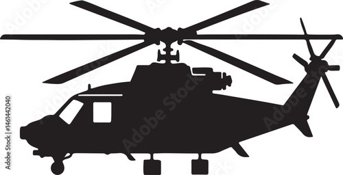 military helicopter silhouette, black and white silhouette, vector and illustration