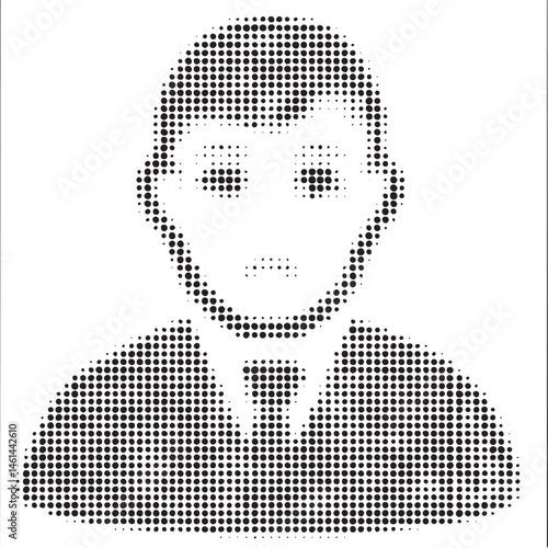 A monochrome portrait depicts a man formed from numerous small dots conveying a sense of anonymity and digital representation.