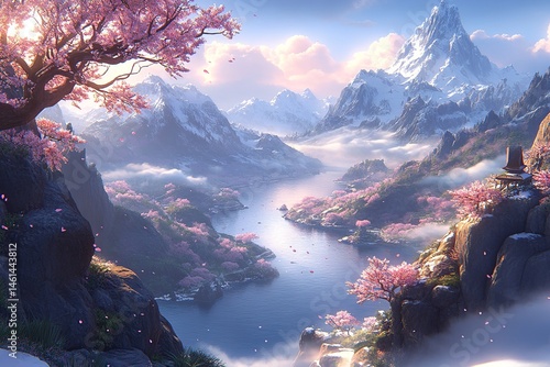 Serene landscape with cherry blossoms, mountains, and a river, showcasing tranquility and nature's beauty