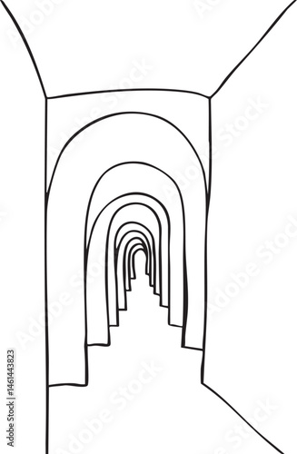 A black and white drawing depicts a long curving corridor with repeating arches.