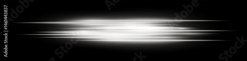 White horizontal blur streaks with intense glow on black. Suitable for acceleration effect, fast movement visuals, spotlight transition, energy burst, futuristic theme and speed design.
