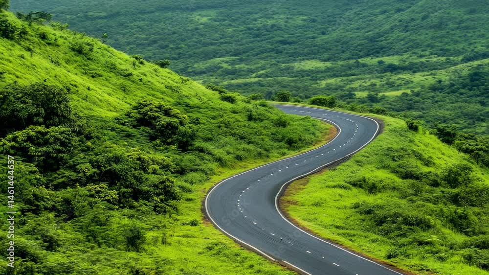 Winding road passing through vibrant green hills, creating a picturesque landscape representing concepts of journey, travel, and the beauty of nature Winding road passing through vibrant green hills, creating a picturesque landscape representing concepts of journey, travel, and the beauty of nature