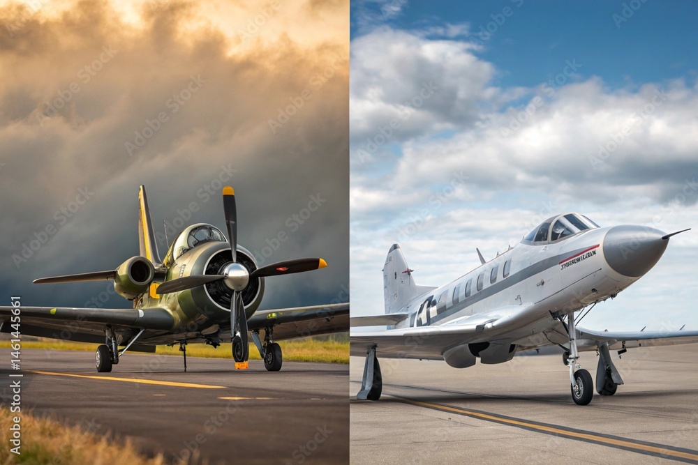 Fototapeta premium Vintage vs Modern Warplanes – Old WWII plane facing a modern jet (could be a composite).