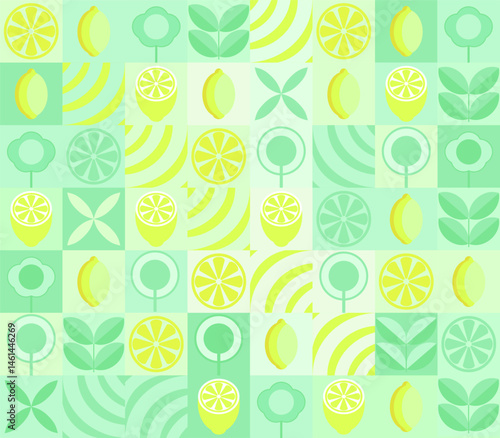 Lemon minimalistic geometric background. Vector abstract style pattern. Bauhaus trend. Abstract illustration of lemon, leaves, symbols. Simple icon.	

