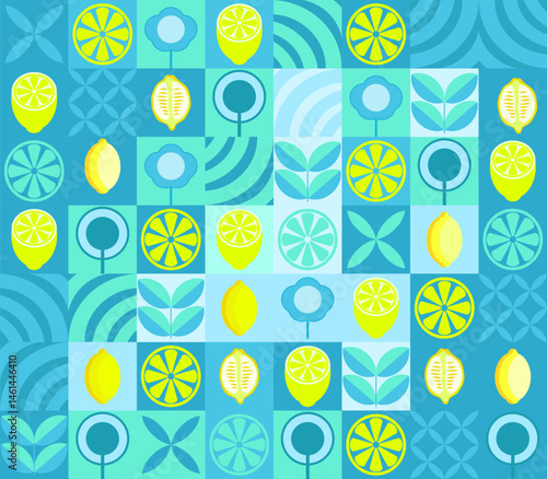 Lemon minimalistic geometric background. Vector abstract style pattern. Bauhaus trend. Abstract illustration of lemon, leaves, symbols. Simple icon.	
