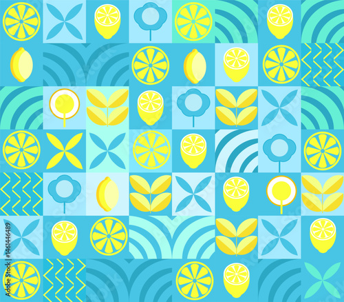 Lemon minimalistic geometric background. Vector abstract style pattern. Bauhaus trend. Abstract illustration of lemon, leaves, symbols. Simple icon.	
